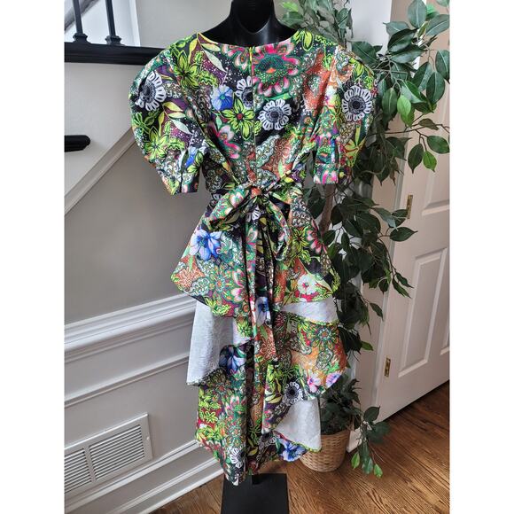 Kosmios Shirt Women's Large Multicolor Puff Sleeve Peplum Top High Low - Picture 7 of 14